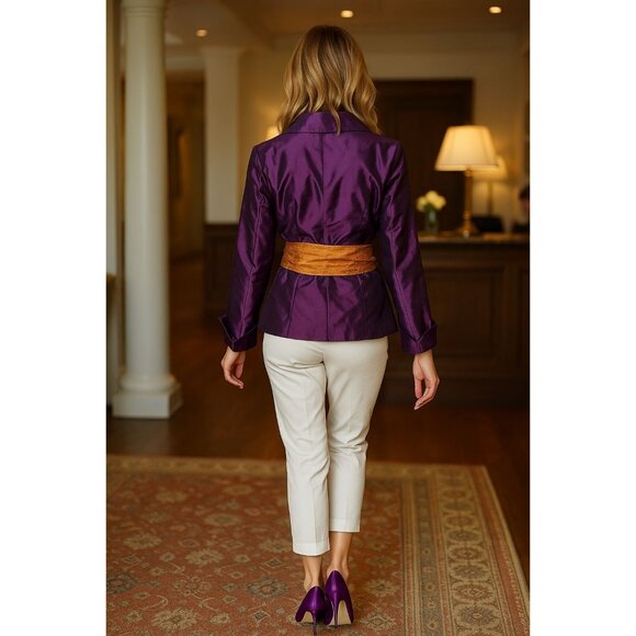 Mestiza New York Large Dark Purple Silk Wrap Jacket Orange Brocade Waist Tie - Picture 5 of 10